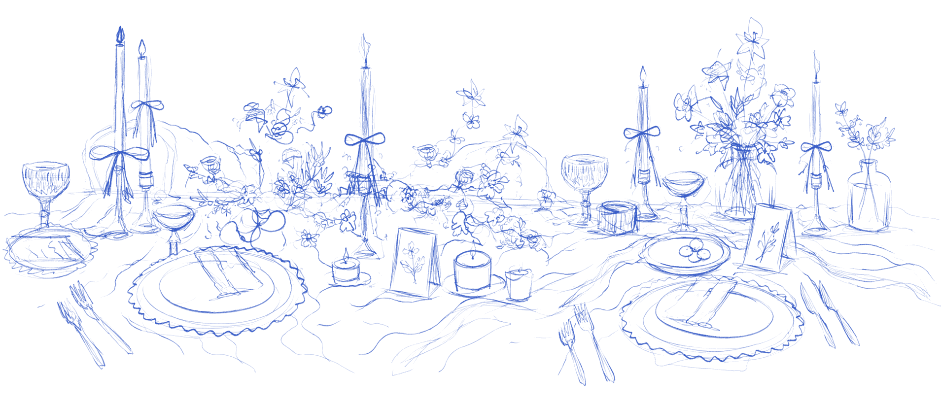Illustrated dinner table with candles and flowers